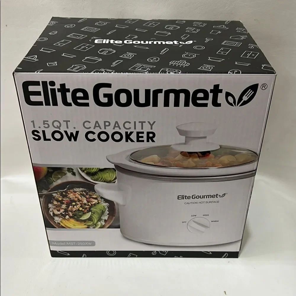 Elite Gourmet White Slow Cooker 1.5 Quart Temperature Controller Tempered Glass